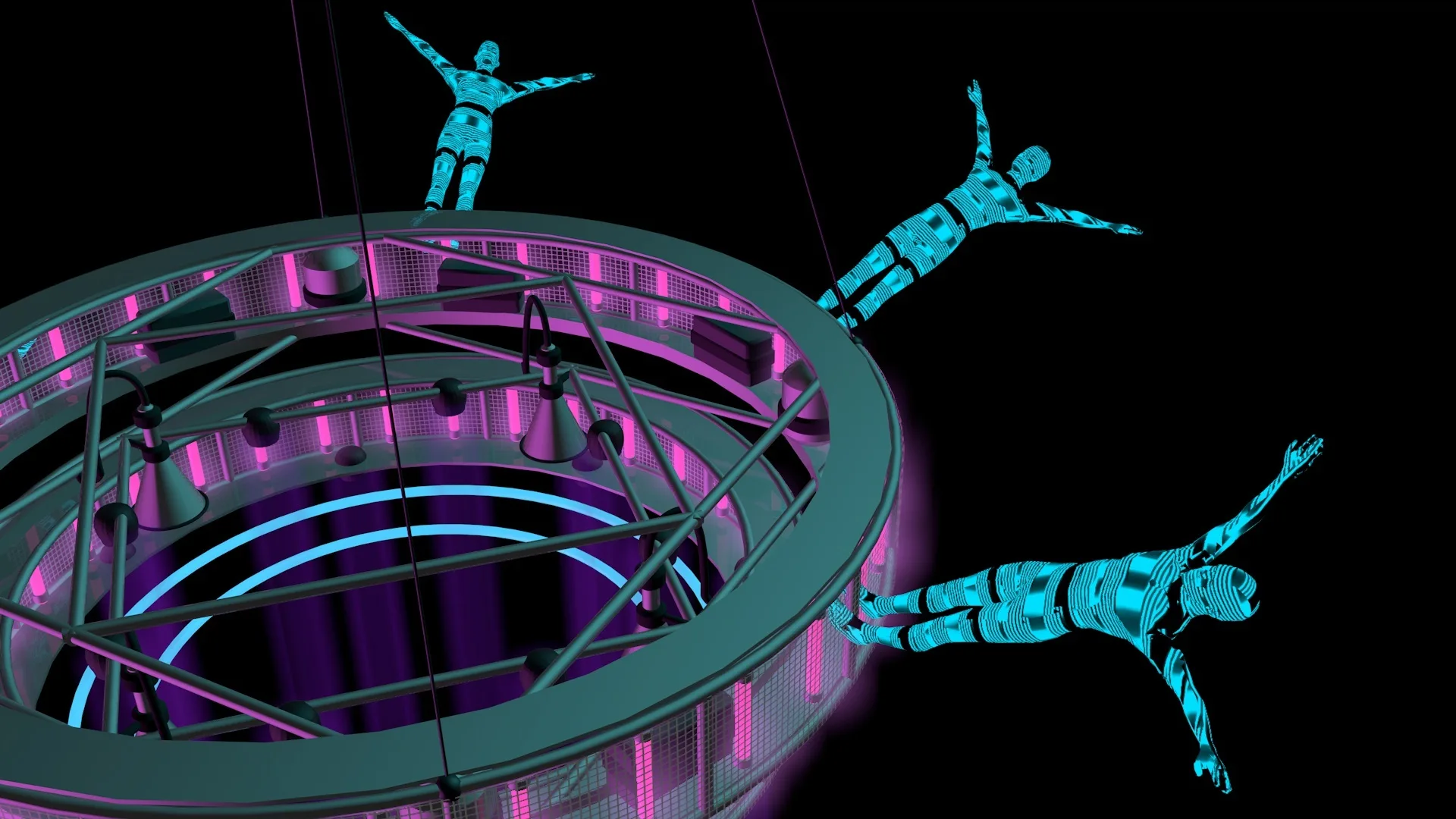 Howie Bailey's digital storyboard. A 3D render of 3 aerial artists on our 'crane ring' - a circular structure that hangs in the air