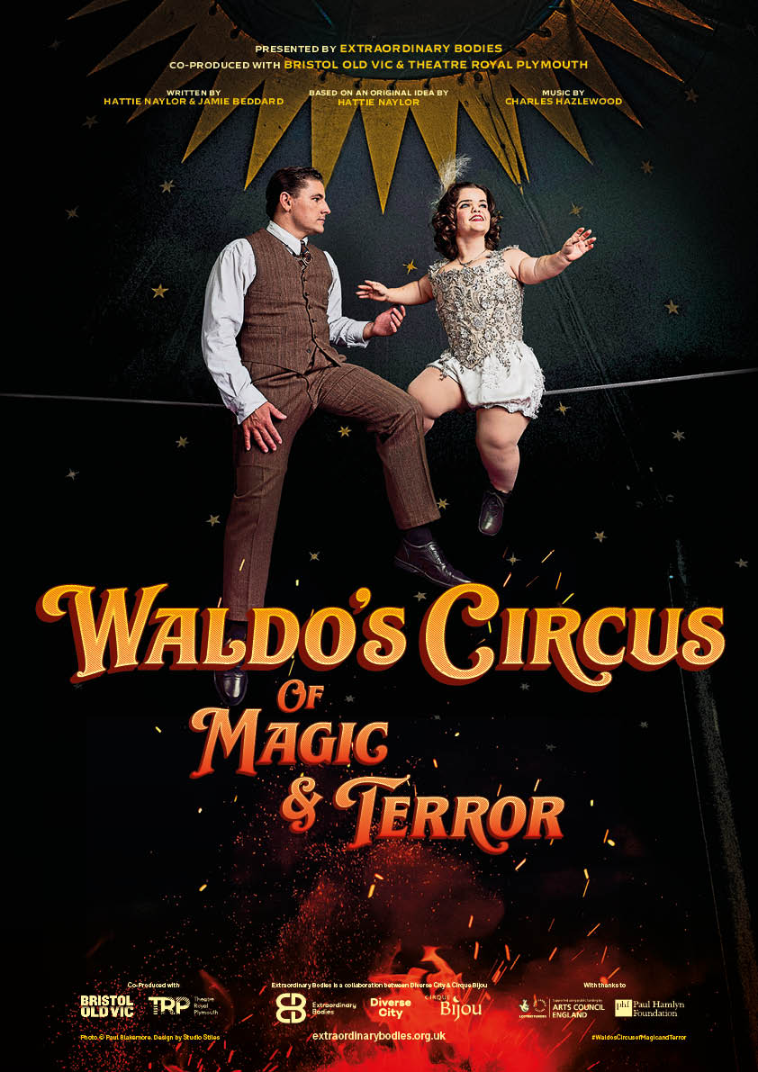 Poster for Waldos Circus of Magic and Terror. Two actors sit on a high wire.  One looks lovingly at the other, whilst the other looks away wistfully