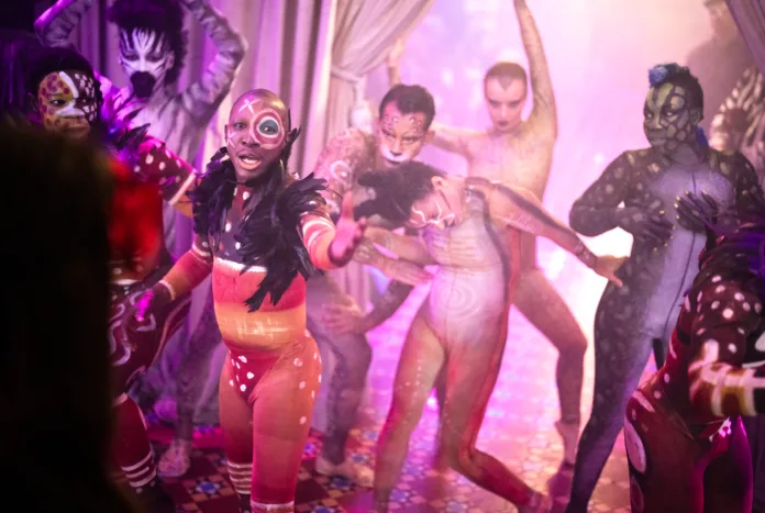 Performers dressed as animals and in tribal catsuits perform in an immersive private party