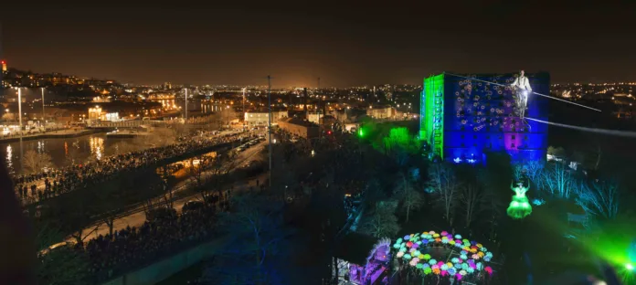 A wide shot of Bristol, lit up to celebrate being European Green Capital. Our LED Umbrellas create an illuminated colourful circle