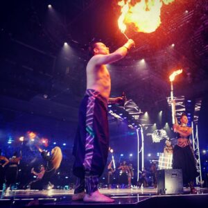 A performer gets ready to breathe fire at the MTV Europe Music Awards, Bilbao.