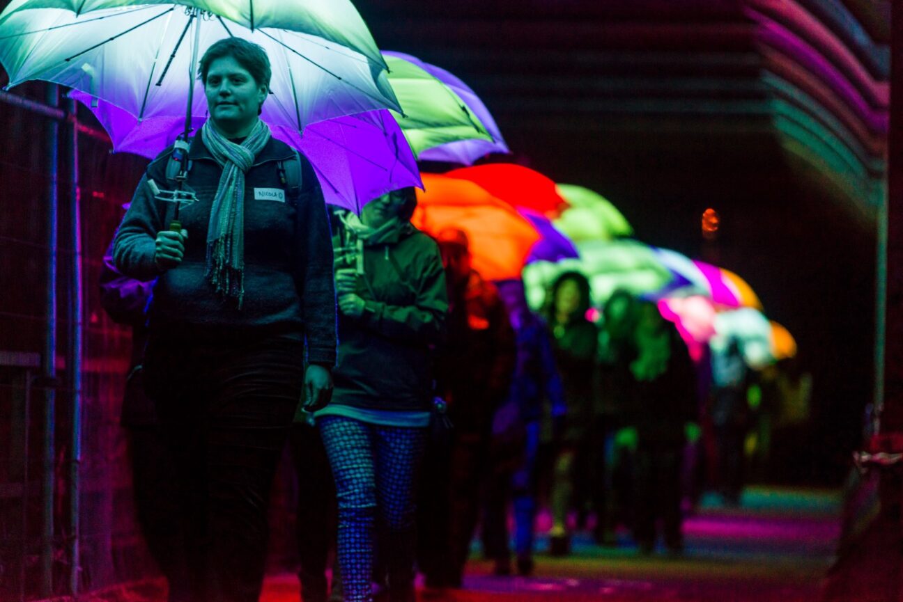 Close up of the Umbrella holders, illuminated with different colours