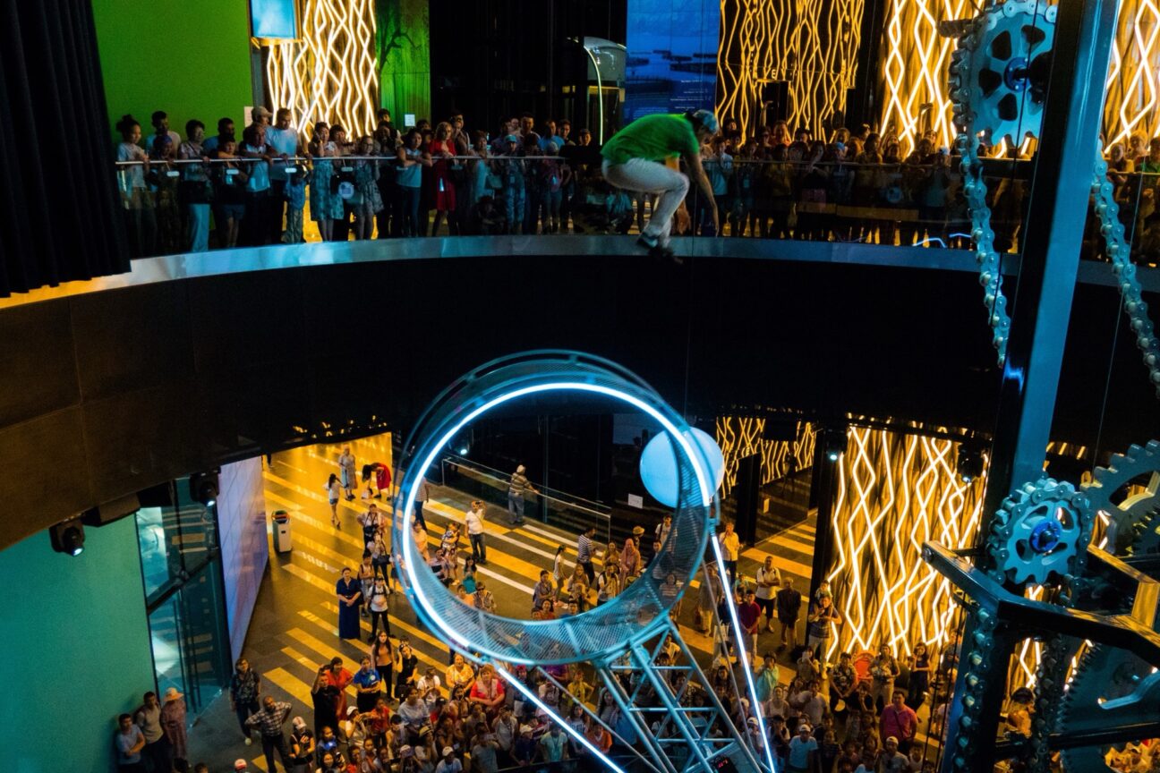 A shot of a performer mid jump on our wheel of energy - made for Kazakhstan expo 2017