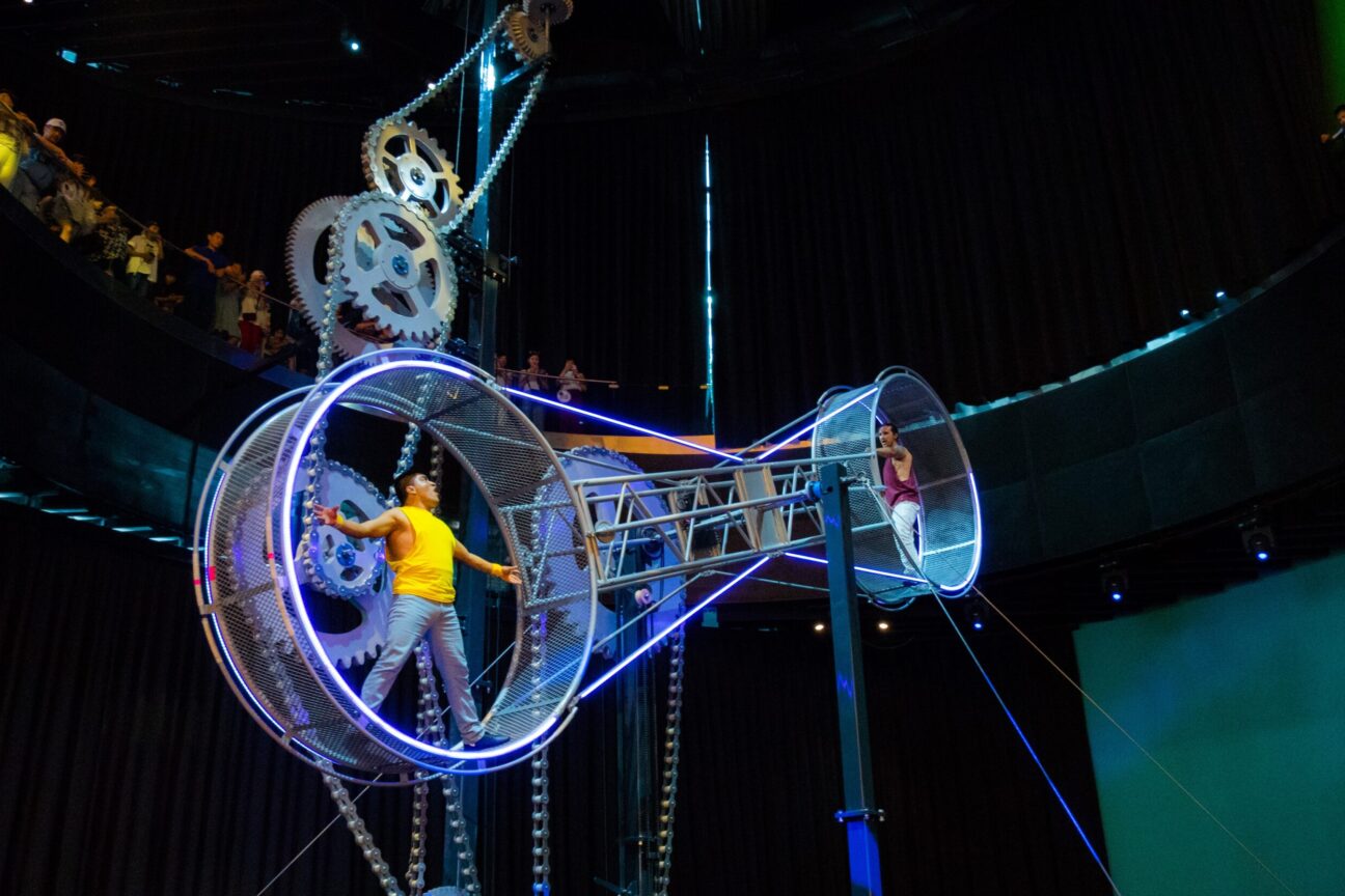 A shot of two performers standing on our wheel of energy - made for Kazakhstan expo 2017