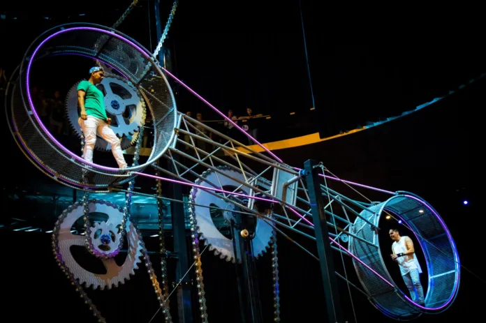 A shot of two performers standing on our wheel of energy - made for Kazakhstan expo 2017