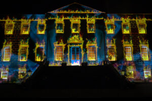 Fire video mapped on to the front of Dumfries House. 