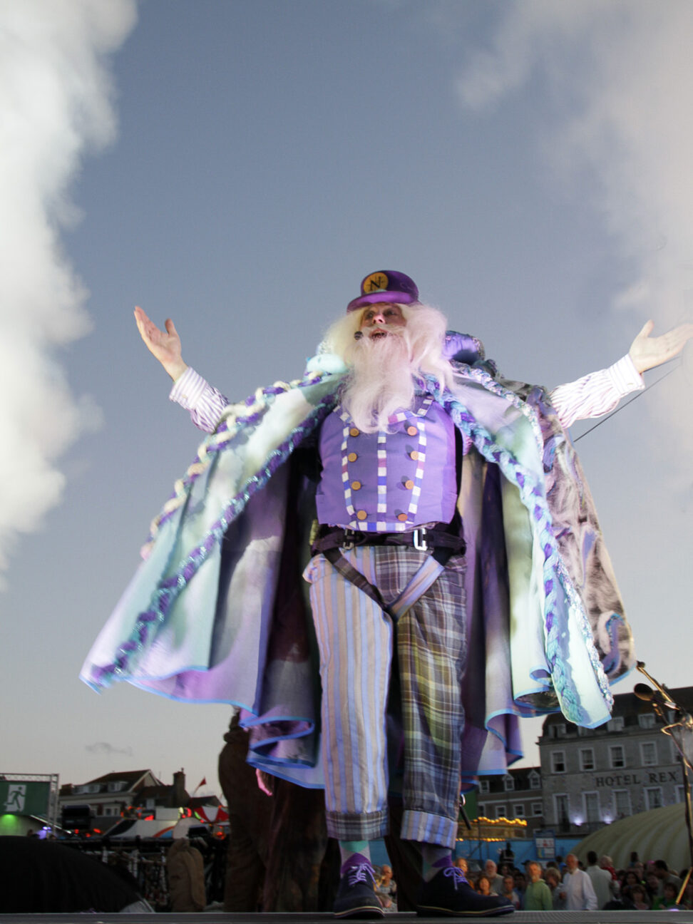 Performer dressed as character 'Aeolus' - addressing the crowd in our 'Battle for the Winds' show for the 2012 sailing event in Weymouth