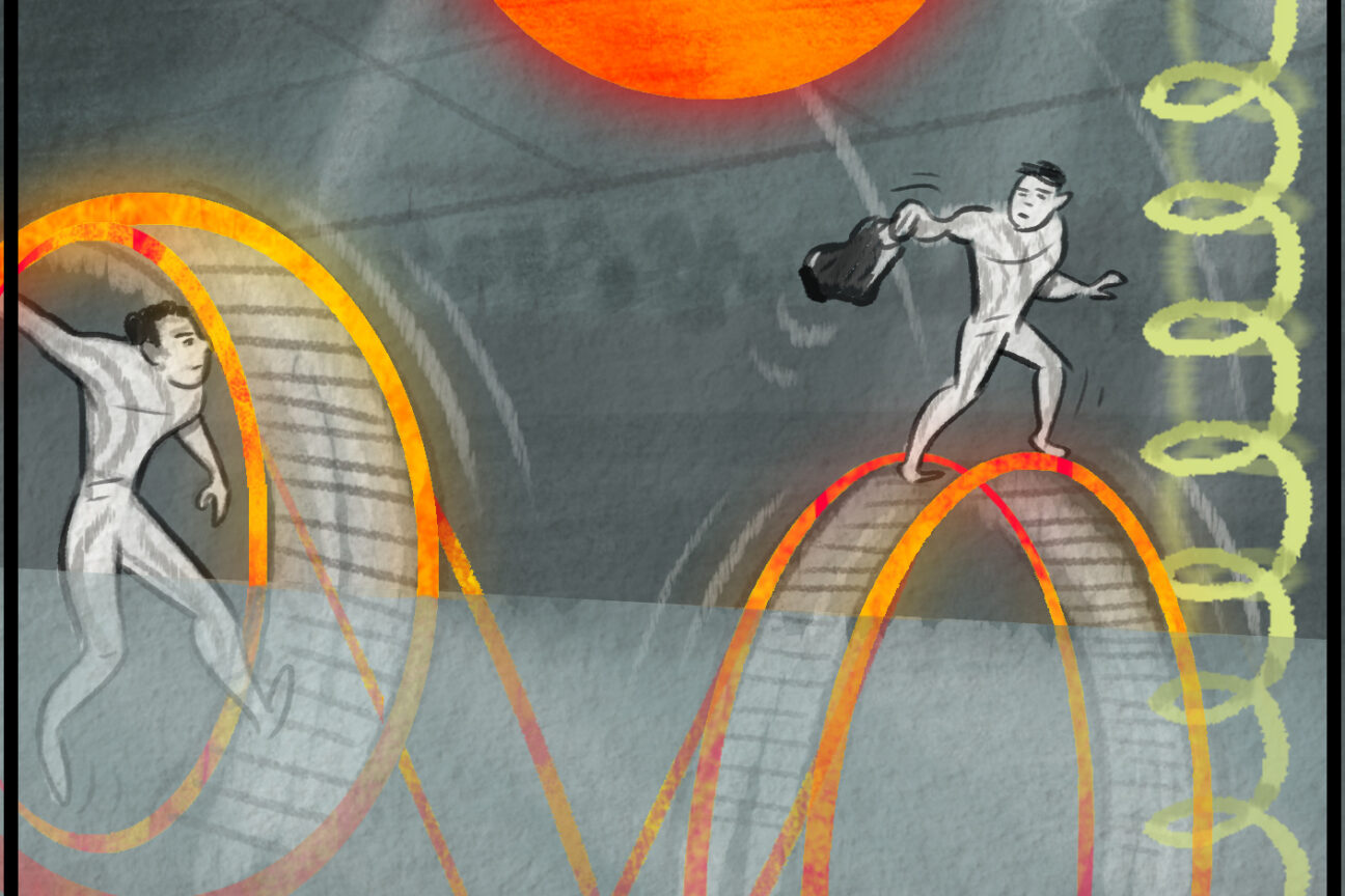 Wheel of Energy. Animated drawing of two male performers, one stood on to of the wheel and one stood in the middle of it, looking at each other. The wheels are drawn in orange and the performers in grey and black .