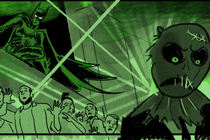 A storyboard image of a Batman party for private client. Scarecrow is in the foreground, with Batman looking towards him in the background, against a green laser-light background