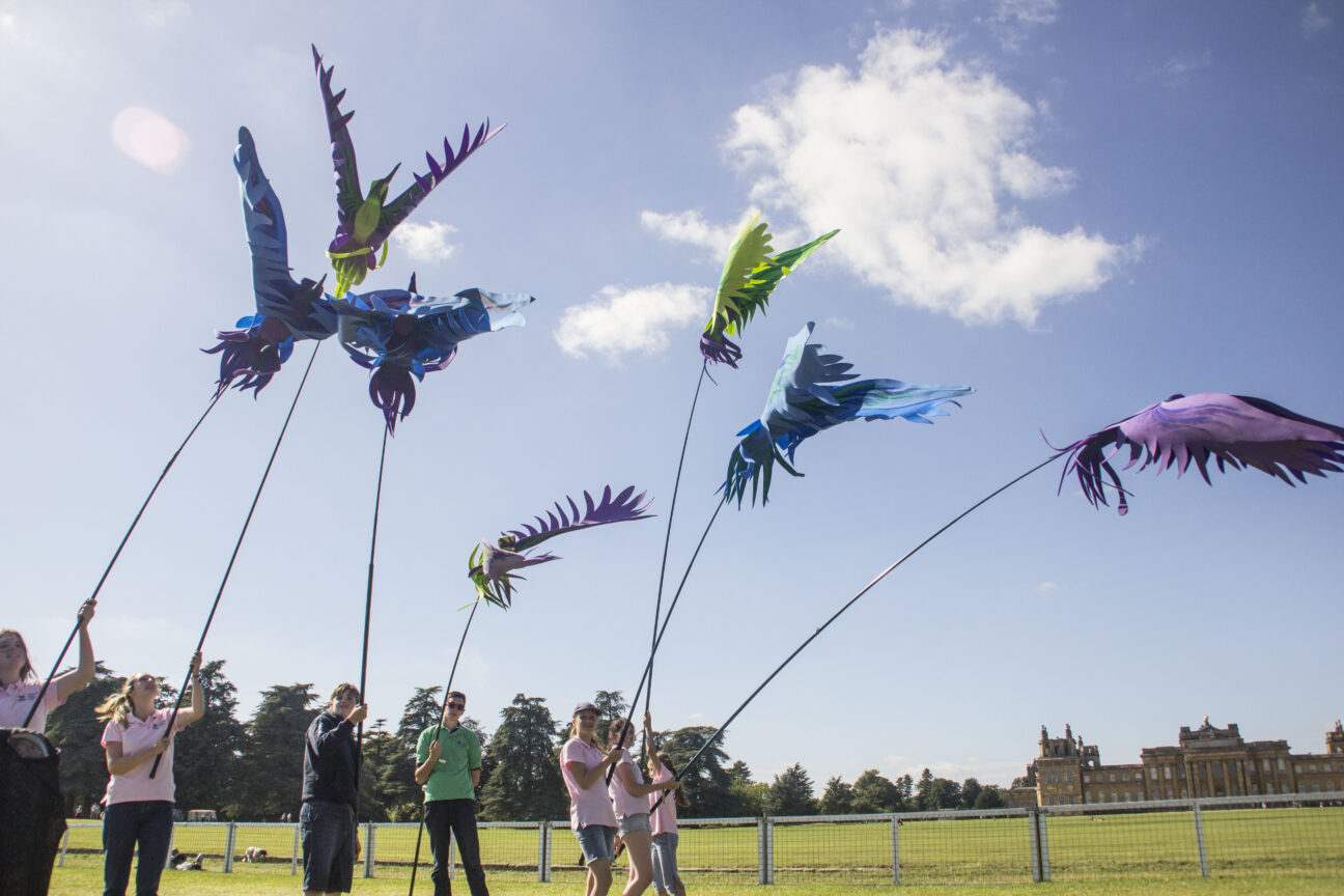 A flock of colourful bird puppets held up against a beautiful blue sky. First used on Rock and Roll tour with Katy Perry 